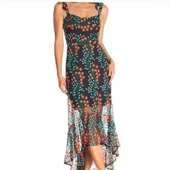 Dress the Population Wren Midi Dress Floral Embroidered - Black Multi Large Wome - Picture 1 of 13